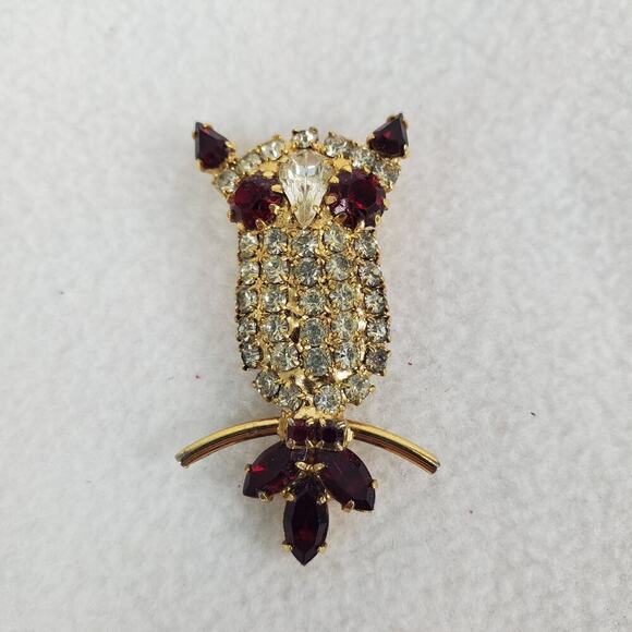 Vintage Owl Red White Rhinestone Gold Tone Brooch Pin Unbranded - Picture 1 of 8
